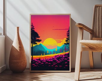 Retro Pop Art Landscape, Surrealist / Psychedelic Art, Framed