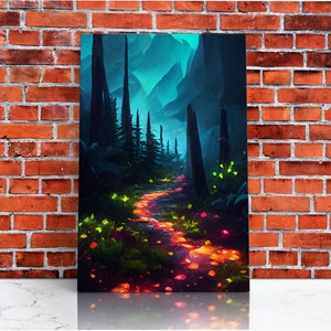 Luminescent magical forest canvas print, glowing trail though the trees, fantasy art