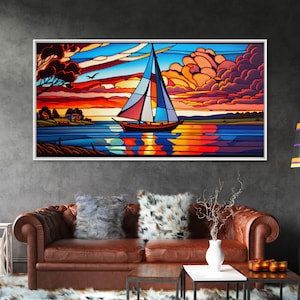 Stained Glass Art Deco Sail Boat Wall Art | Framed Canvas Print | Nautical Art | Seascape Art | Beach House Decor