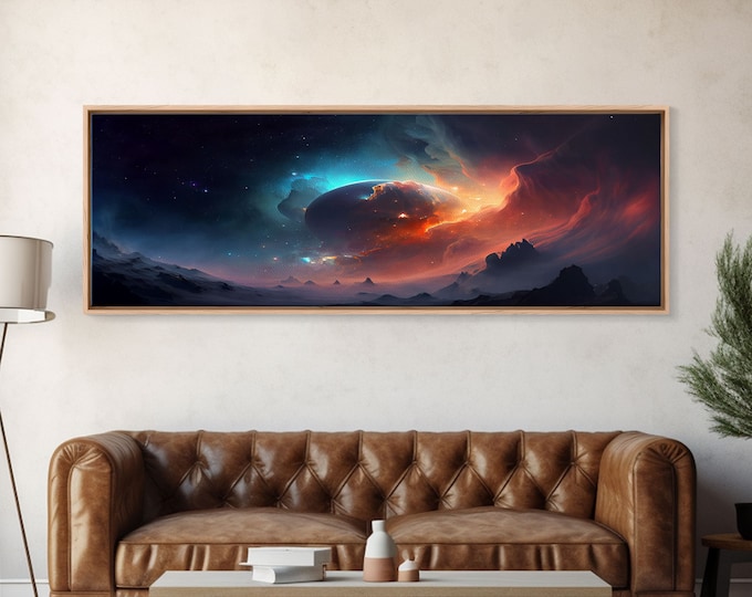 Beautiful Science Fiction Wall Art, Synthwave Style Scifi Art, Framed Canvas Print, Panoramic Alien Worlds and Star Filled Night Sky
