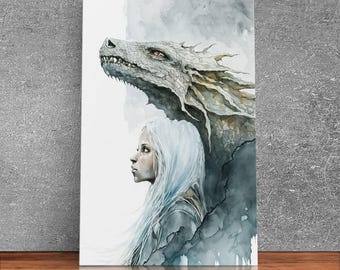 The Girl and Her Dragon, Wall Art, Fantasy Art, Art Print, Framed Canvas Art, Canvas Print, Gamer Decor, Gamer Girl Gift