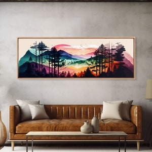 Vibrant Double Exposure Watercolor of a Mountain Landscape and Pine Tree Forest at Sunset, Wide Panoramic Framed Canvas Print