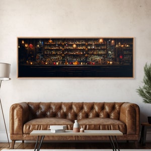 May include: A dimly lit bar with a long wooden counter and shelves stocked with bottles of liquor. The bar is illuminated by warm, yellow lights hanging from the ceiling.