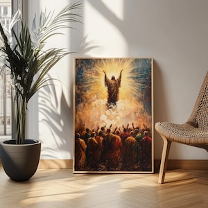 May include: A framed religious painting depicts a figure with outstretched arms, bathed in golden light, ascending above a crowd. The artwork, with warm tones, is displayed near a potted plant and a woven chair.