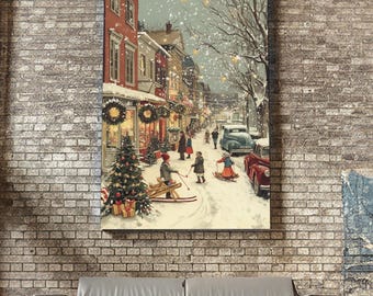 Vintage Christmas Town Scene with Children Playing in Snow, Holiday Street Decor and Wreaths, Framed Canvas Print for Winter Wall Art