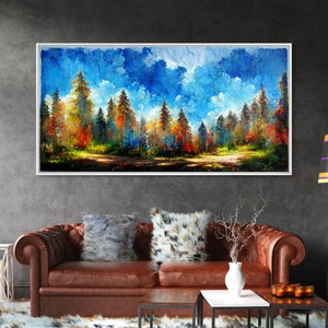 Beautiful Forest Sunset Oil Painting Canvas Print, Blue Skies and Fall Trees, Autumn, Ready to hang gallery wrapped nature canvas print
