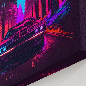 Synthwave Modern Muscle Car Art, Framed Canvas Print, Unique Outrun Style Wall Art, Retro Vibes, Muscle Car In a Forest Road image 7
