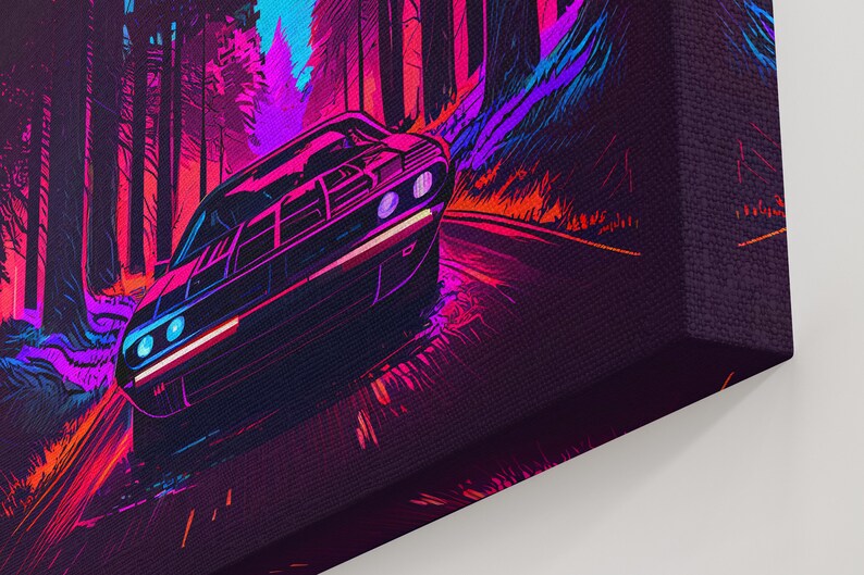 Synthwave Modern Muscle Car Art, Framed Canvas Print, Unique Outrun Style Wall Art, Retro Vibes, Muscle Car In a Forest Road image 7