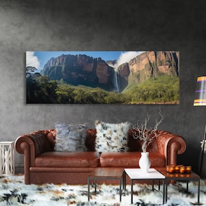 Photographic Panoramic of Angel Falls Venezuela, Sunset Photography, National Park Art, Framed Canvas Print, Landscape Photography