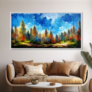 Beautiful Forest Sunset Oil Painting Canvas Print, Blue Skies and Fall Trees, Autumn, Ready to hang gallery wrapped nature canvas print