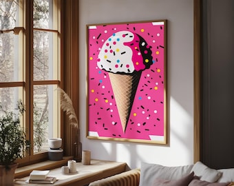「 Ice Cream」版画 サイン入り 額装 モダンアート #484 Pop Art Graffiti Ice Cream With Sprinkles, Framed Canvas Print