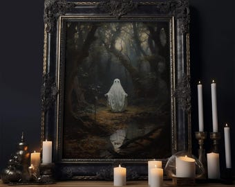 Ghost Dancing In A Haunted Forest, Vintage Canvas, Framed Canvas, Art Canvas Print, Dark Academia, Haunting Ghost, Halloween Decoration