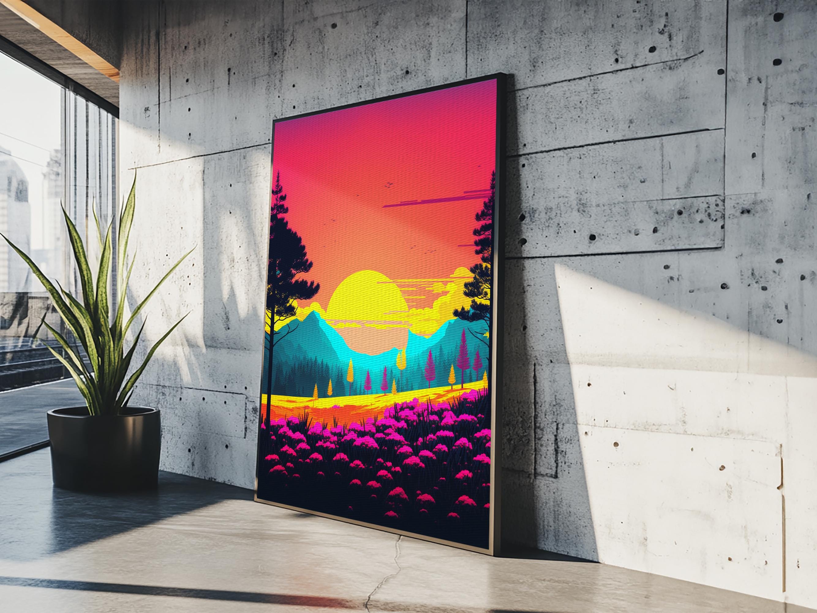 Retro Pop Art Landscape, Surrealist / Psychedelic Art, Framed