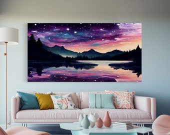 Beautiful lake at night canvas print, purple and pink sunset night sky, wall art canvas, lake front view, guest room wall art