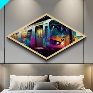 Color Splashed Metro - Diamond Shaped Street Art Subway Canvas Embossed Print, Vibrant Urban Train Graffiti Home Accent