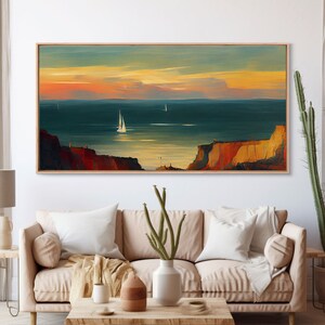 Canvas print of sail boats on the ocean, sailing at sunset, cool lakehouse art, living room wall art, sailboats, watercolor