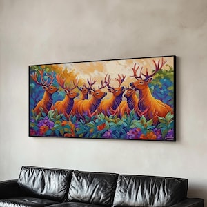 Deer Autumn, Forest, Scene, Framed Canvas Print wildlife cabin wall decor, vibrant Fall nature art, lodge living room print