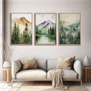 Triptych Framed Canvas Wall Art Set of 3 Green Forest Mountain Nature Landscape Prints Minimalist Modern Art, Woodland Nursery Decor