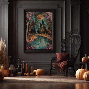 Haunted Castle by the Lake Framed Canvas Print, Halloween Wall Art, Spooky Art, Home Decor, Living Room Decor, Gothic Artwork, Creepy Castle image 15