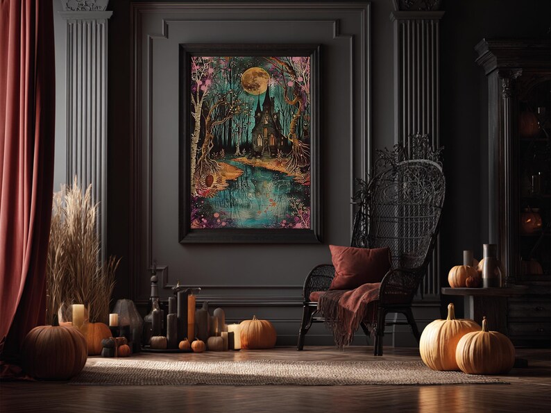 Haunted Castle by the Lake Framed Canvas Print, Halloween Wall Art, Spooky Art, Home Decor, Living Room Decor, Gothic Artwork, Creepy Castle image 15