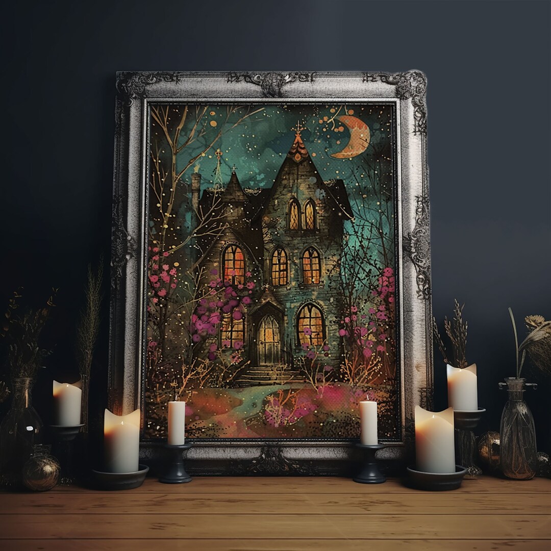 Enchanted Gothic House Framed Canvas Print, Halloween Wall Art, Spooky ...