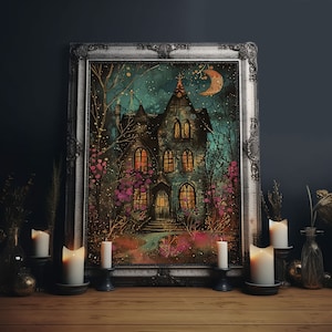 Enchanted Gothic House Framed Canvas Print, Halloween Wall Art, Spooky Art, Home Decor, Living Room Decor, Gothic Artwork, Haunted House