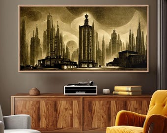 Dystopian Metropolis Art Deco Canvas Print, City Skyline, Fantasy Art, Art Deco Living Room Art, ready to hang wall art