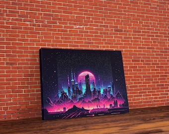 Cyberpunk city skyline superimposed over a sunset, synthwave style dystopian  art, framed canvas print