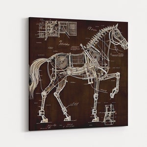 Da Vinci style blueprint Diagramm eines mechanischen Steampunk Pferdes, gerahmter Druck zur Wand, Kunstdekor