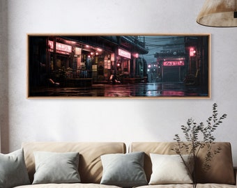 Panoramic Tokyo Streets Wall Art, Framed Canvas Print, Retro Style Japanese Painting, Winter Decor, Panoramic Art, office décor, room décor