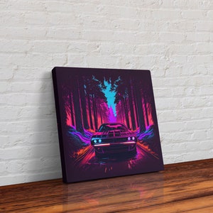 Synthwave Modern Muscle Car Art, Framed Canvas Print, Unique Outrun Style Wall Art, Retro Vibes, Muscle Car In a Forest Road image 6