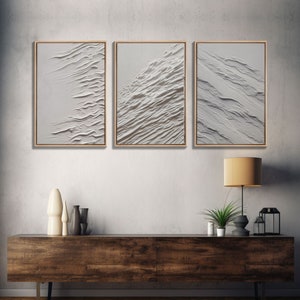 Triptych Framed Canvas Print Wall Art Set of 3 White Effect Abstract Prints Modern Minimalist Wall Art Neutral Decor Impasto Effect