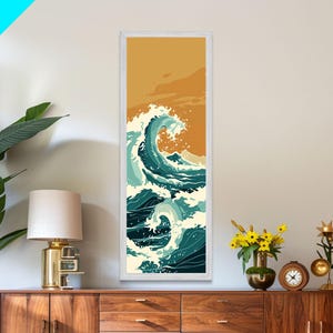 Majestic Ocean Wave In A Minimalist Style Framed Canvas Print With Skinny Art And Tall Art Featuring Ukiyo-E Art And Japanese Style Art
