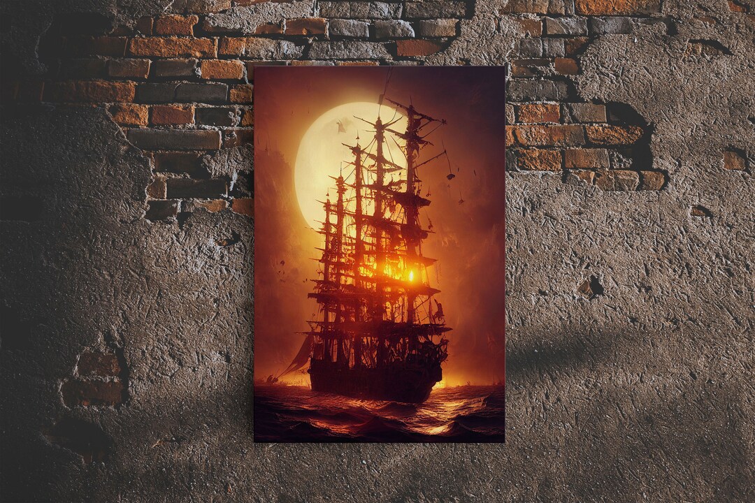 Ghost Ship and Full Moon, Spooky Pirate Ship Art, Framed Canvas Print ...