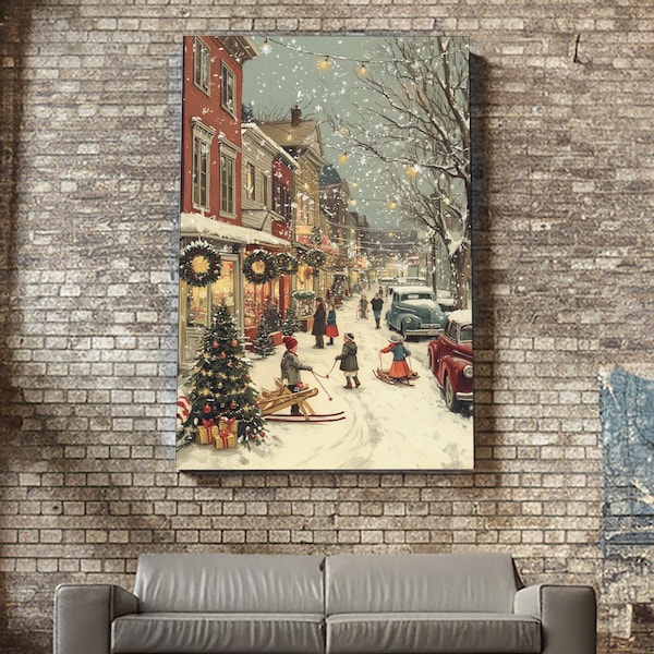 Vintage Christmas Town Scene with Children Playing in Snow, Holiday Street Decor and Wreaths, Framed Canvas Print for Winter Wall Art