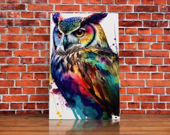Watercolor Owl Painting Canvas Print, Framed Canvas Art, Pop Art Style, Owl Decor, Owl Print, Owl Art