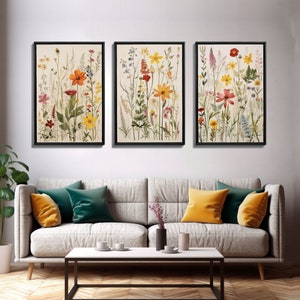 Framed Canvas Wall Art Set, 3 Piece Art, Watercolor Wildflowers Floral ...