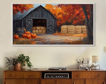 Fall Barnyard with Pumpkins Framed Canvas Print Farmhouse Decor, Fall Art Print, Rustic Home Decor, Seasonal Gift Wall Art