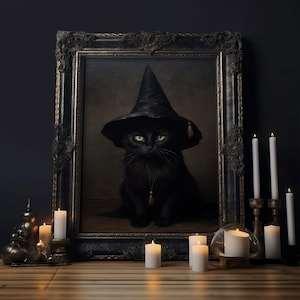Cute Witch's Familiar Cat Halloween Art, Cat Witch, Cat Painting, Cute Cat Print, Halloween Decor, Black Cat Print, Framed Canvas / Canvas