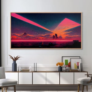 Cyberpunk lake art, city canvas, video game concept art, living room wall art, dystopian art, outrun city at sunset, man cave canvas print
