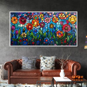 Beautiful Springtime Flowers on Canvas, Wood Framed Art, Stained Glass Style Kitsch Art, Trendy and Eclectic Wall Art