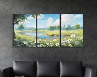 Beautiful Spring Meadow Landscape Painting 3 Piece Set, Spring Centerpiece Art, Original Oil Painting Wall Art, Minimalist Whimsical Decor