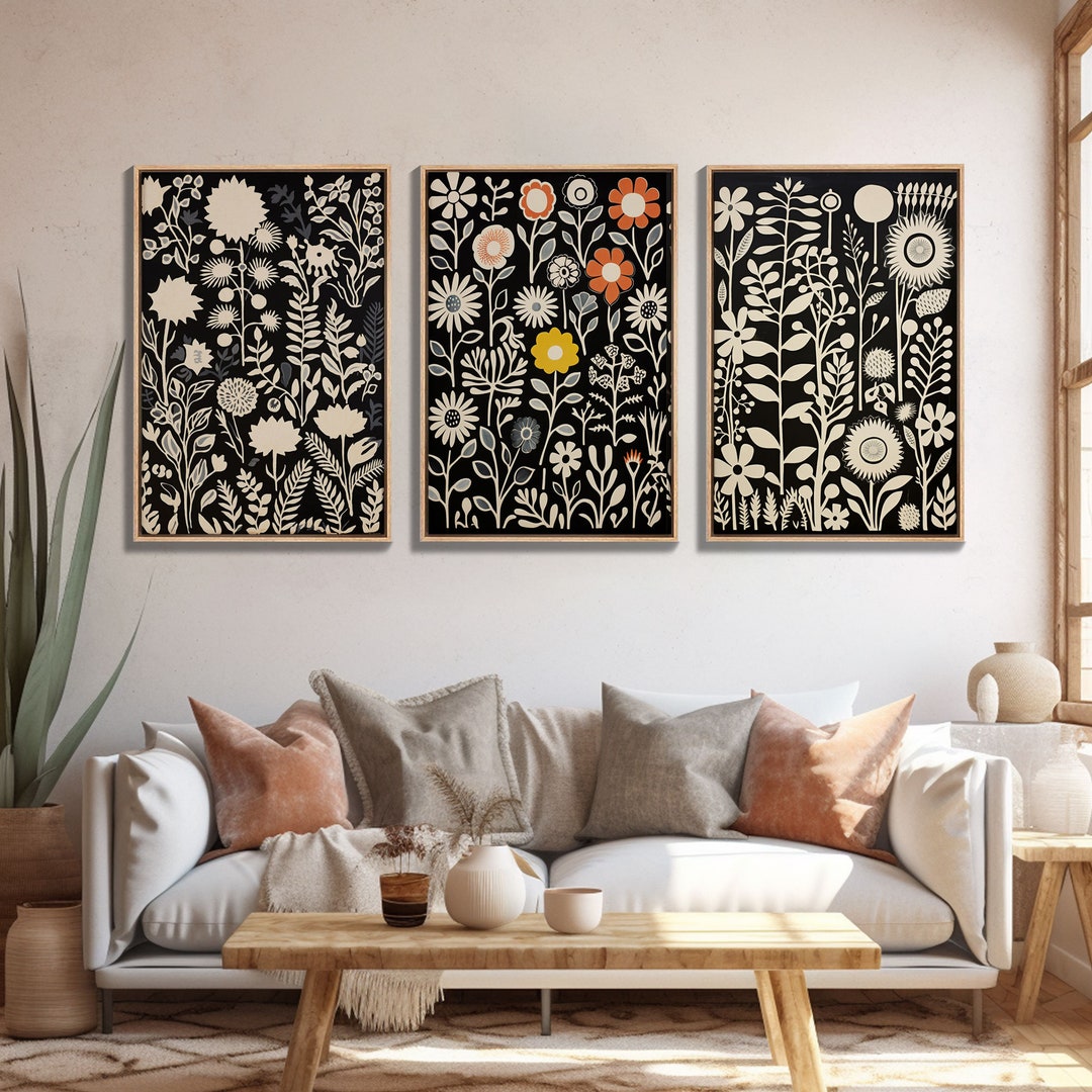 Boho Style Framed Wall Art 3 Panel Set, Abstract Floral Botanical ...