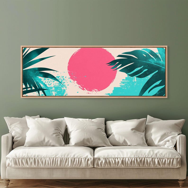 Vaporwave Style Wall Art, Pink Sun and Turquoise Palm Leaves, Retro