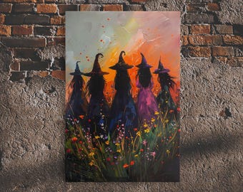 Springtime Witches, Coven Of Witches Among The Wildflowers, Art Print, Framed Canvas Print, Ethereal Witches, Enchanting Witch Print