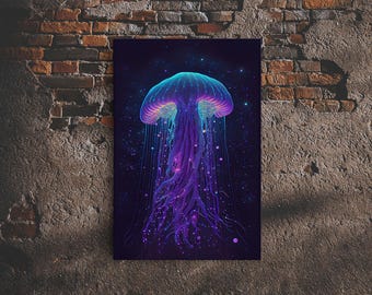 Bioluminescent Jellyfish against a Starry night sky, Cosmic Jelly Fish, Framed Canvas Print, synthwave style art