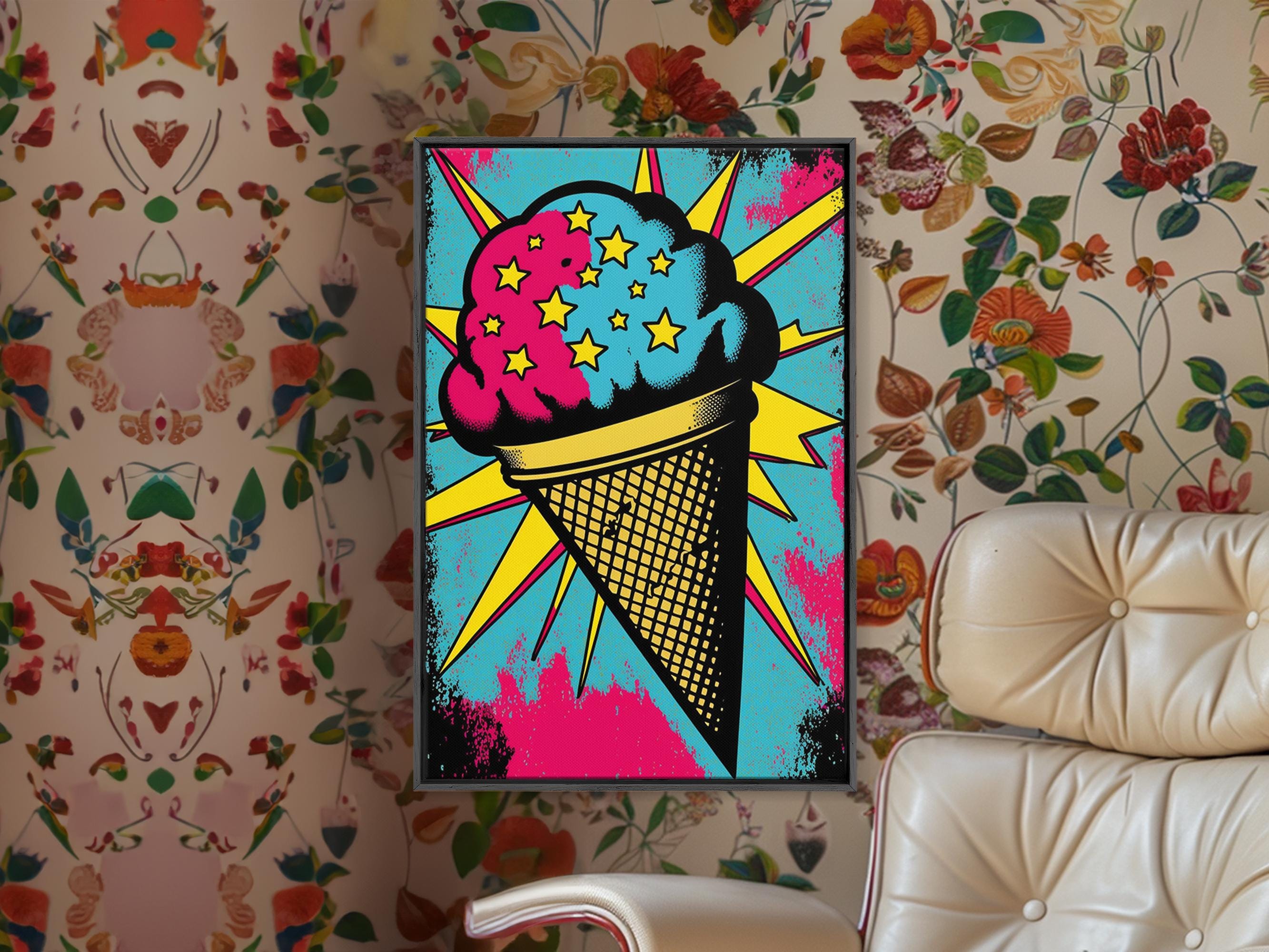 Pop Art Ice Cream, Psychedelic Ice Cream Cone, Framed Canvas Print