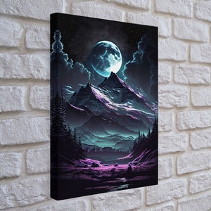 Mythical mountains fantasy art, framed canvas print, full moon over a mystical mountain landscape