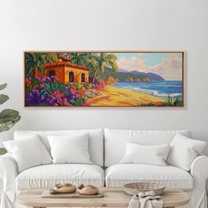 Tropical Beach, Coastal Cottage, Palm Trees, Sunset, Canvas Print, Tropical wall decor, Beach House Art, Living Room Wall Art, Coastal Decor