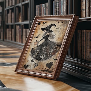 Witchy Decor Halloween Wall Art Vintage Witch Painting Canvas Print, Rustic Cottagecore Witch Wall Art, Vintage Witch Wall Art